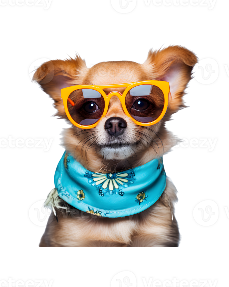 A cool looking dog wearing glasses and fashion clothes poses like a model isolated on a transparent background png