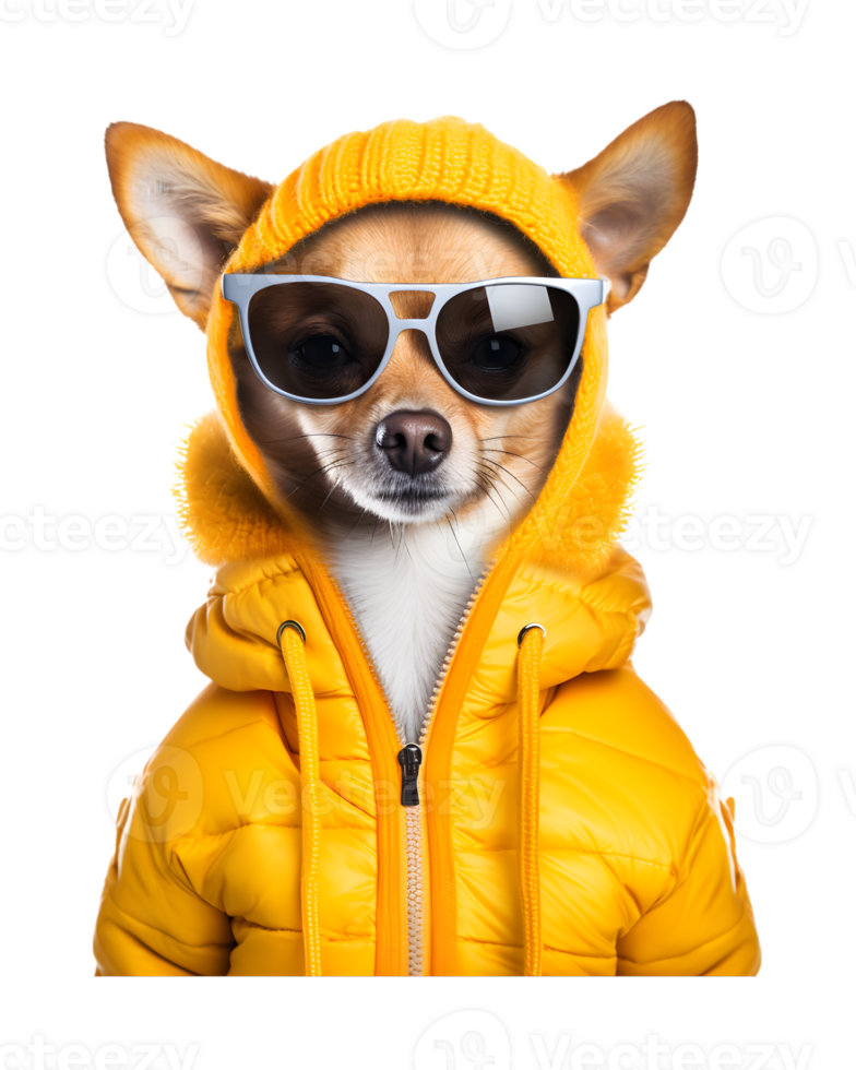 cute dog portrait posing like a model wearing a jacket and glasses isolated on a transparent background png