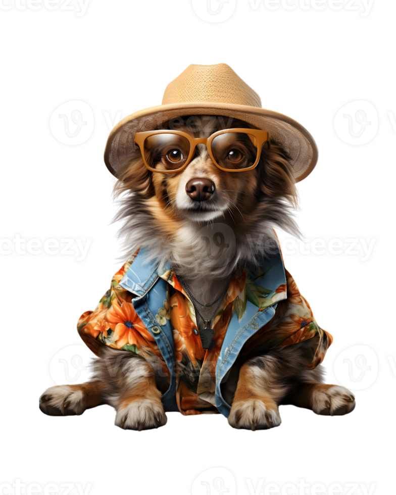 A cool looking dog wearing glasses and fashion clothes poses like a model isolated on a transparent background png
