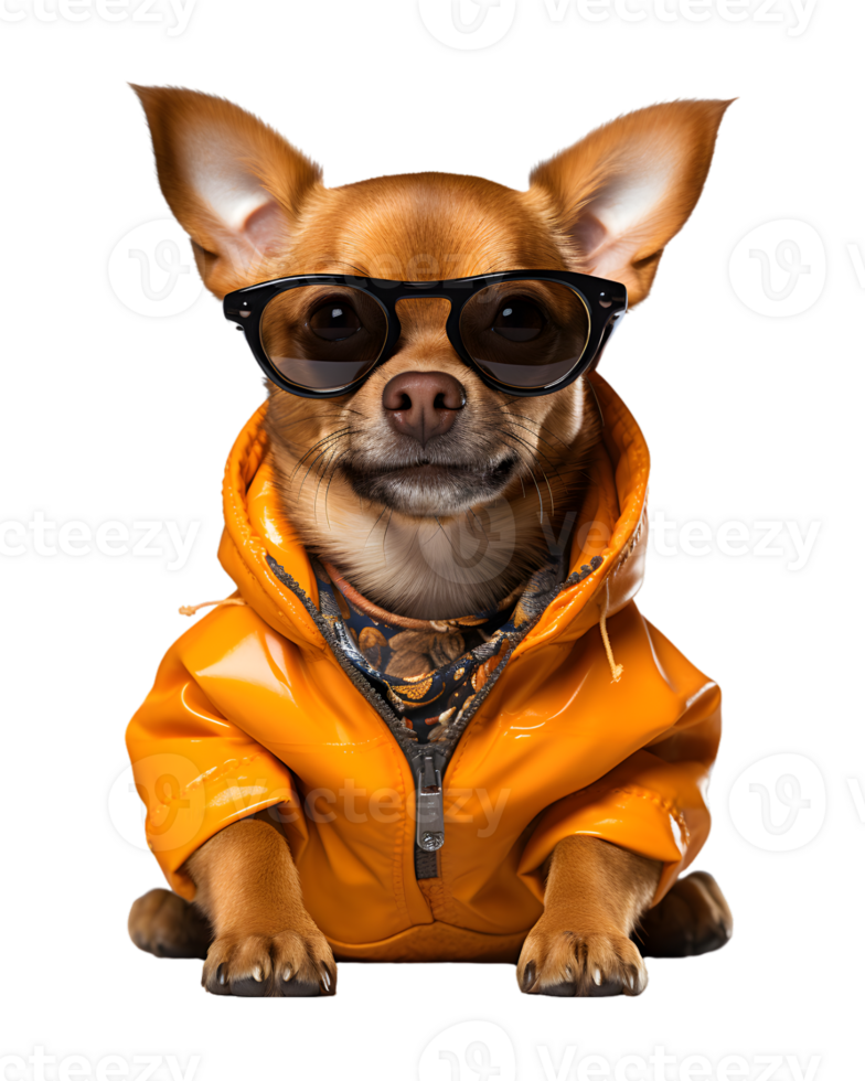 cute dog portrait posing like a model wearing a jacket and glasses isolated on a transparent background png