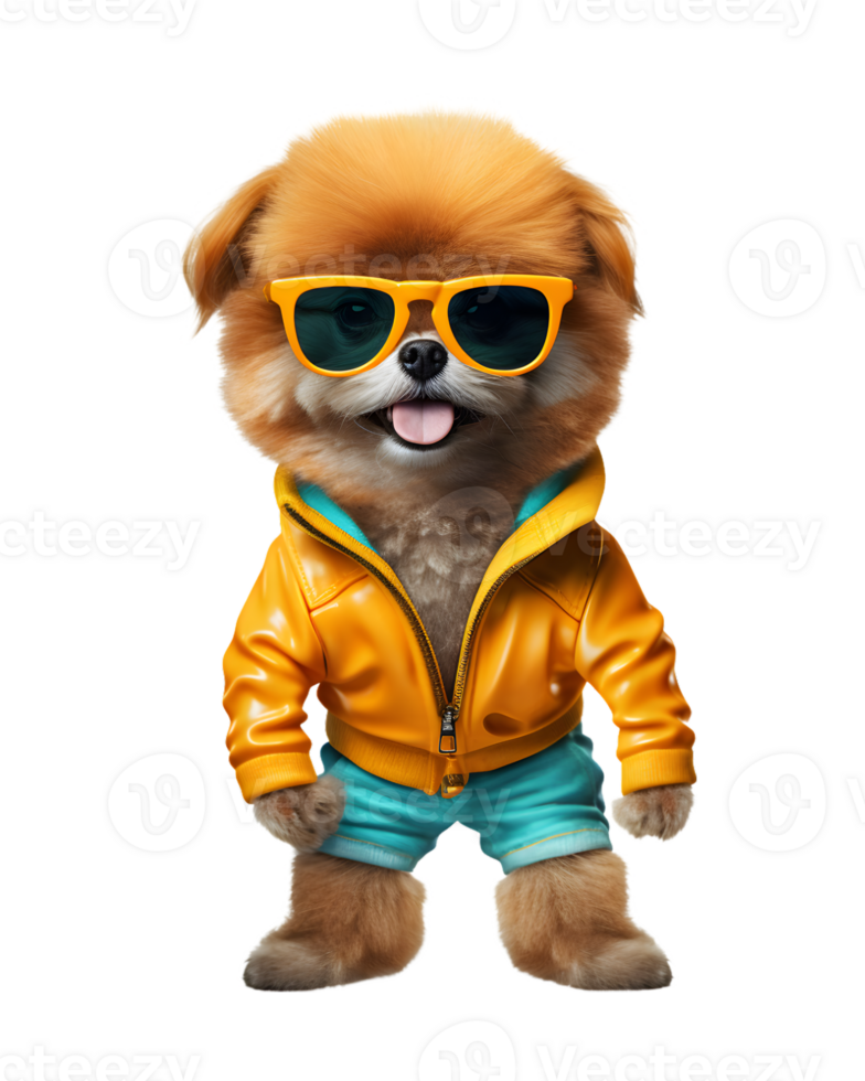 cute dog portrait posing like a model wearing a jacket and glasses isolated on a transparent background png