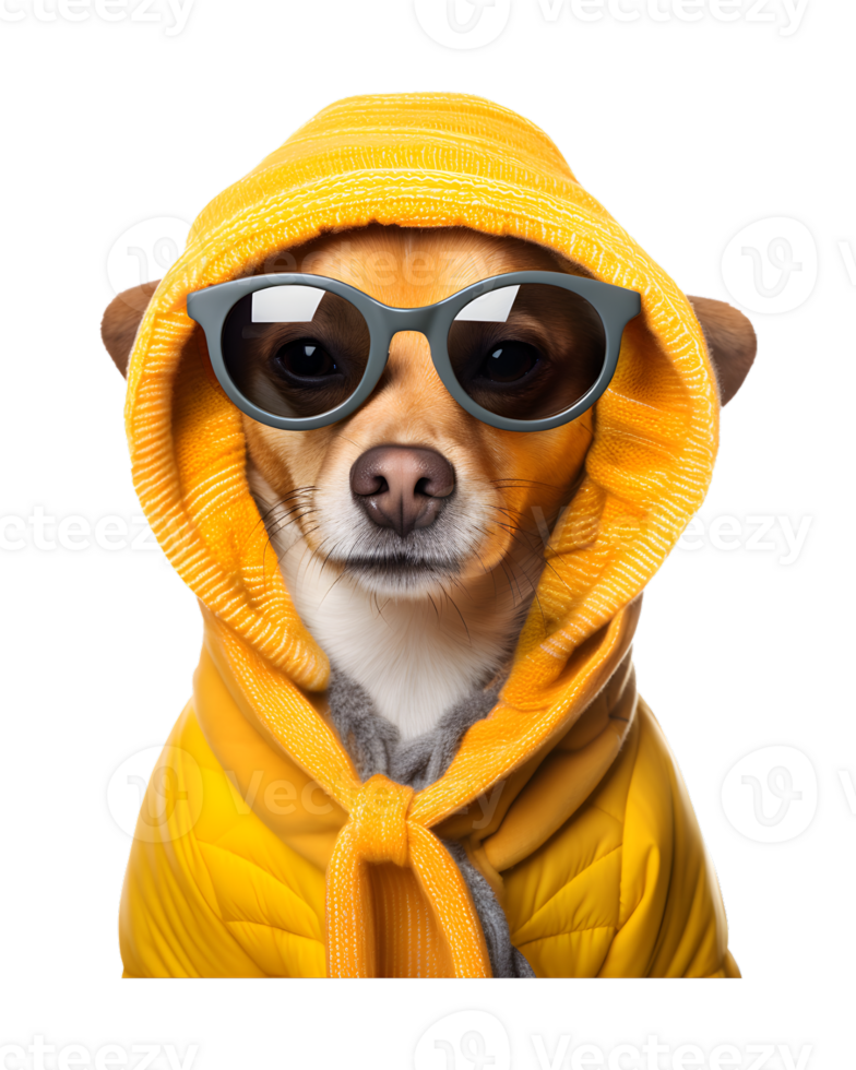 cute dog portrait posing like a model wearing a jacket and glasses isolated on a transparent background png