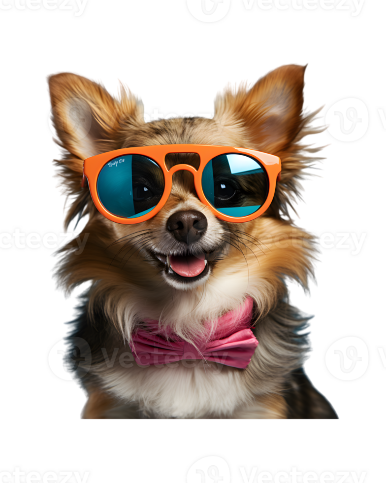 A cool looking dog wearing glasses and fashion clothes poses like a model isolated on a transparent background png