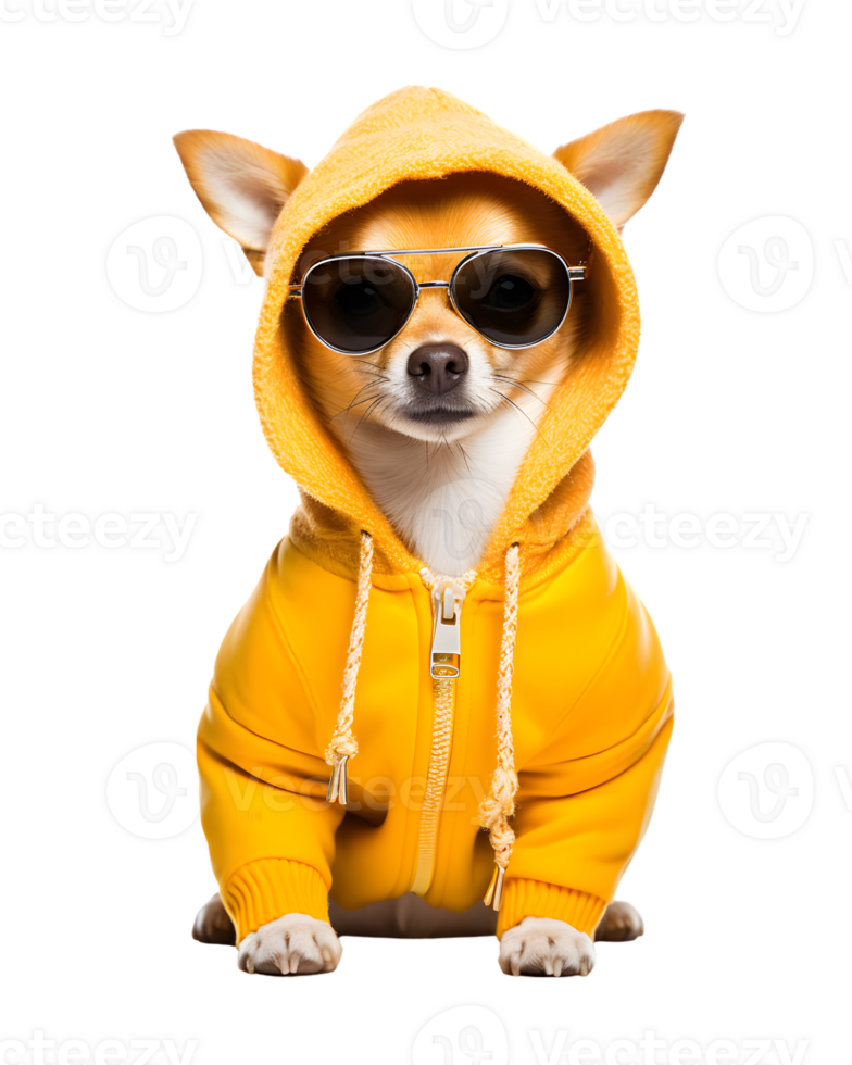 cute dog portrait posing like a model wearing a jacket and glasses isolated on a transparent background png