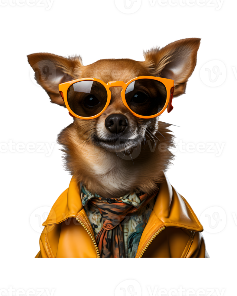 A cool looking dog wearing glasses and fashion clothes poses like a model isolated on a transparent background png
