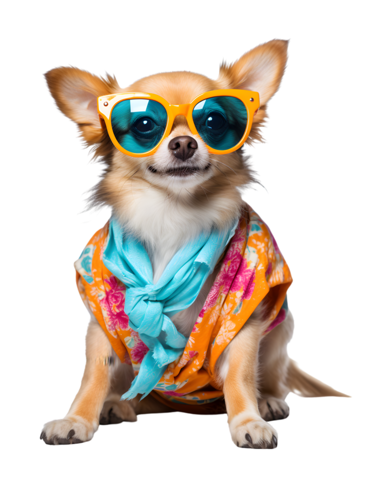 A cool looking dog wearing glasses and fashion clothes poses like a model isolated on a transparent background png