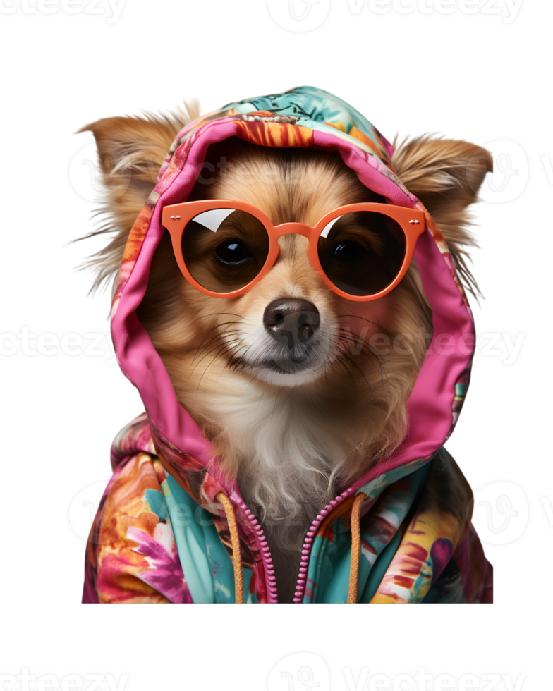 cute dog portrait posing like a model wearing a jacket and glasses isolated on a transparent background png
