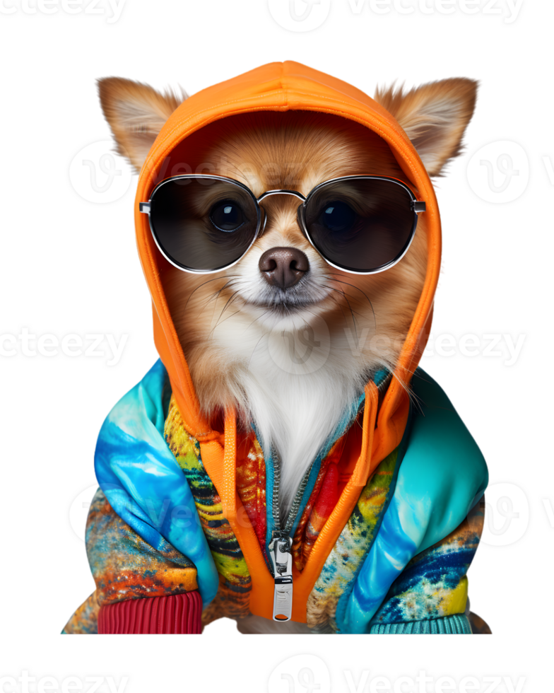 cute dog portrait posing like a model wearing a jacket and glasses isolated on a transparent background png
