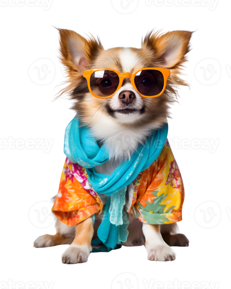 A cool looking dog wearing glasses and fashion clothes poses like a model isolated on a transparent background png