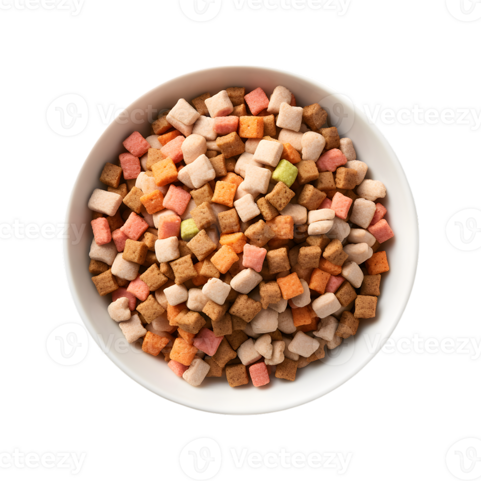 Dry dog food in a bowl, top view isolated on a transparent background png