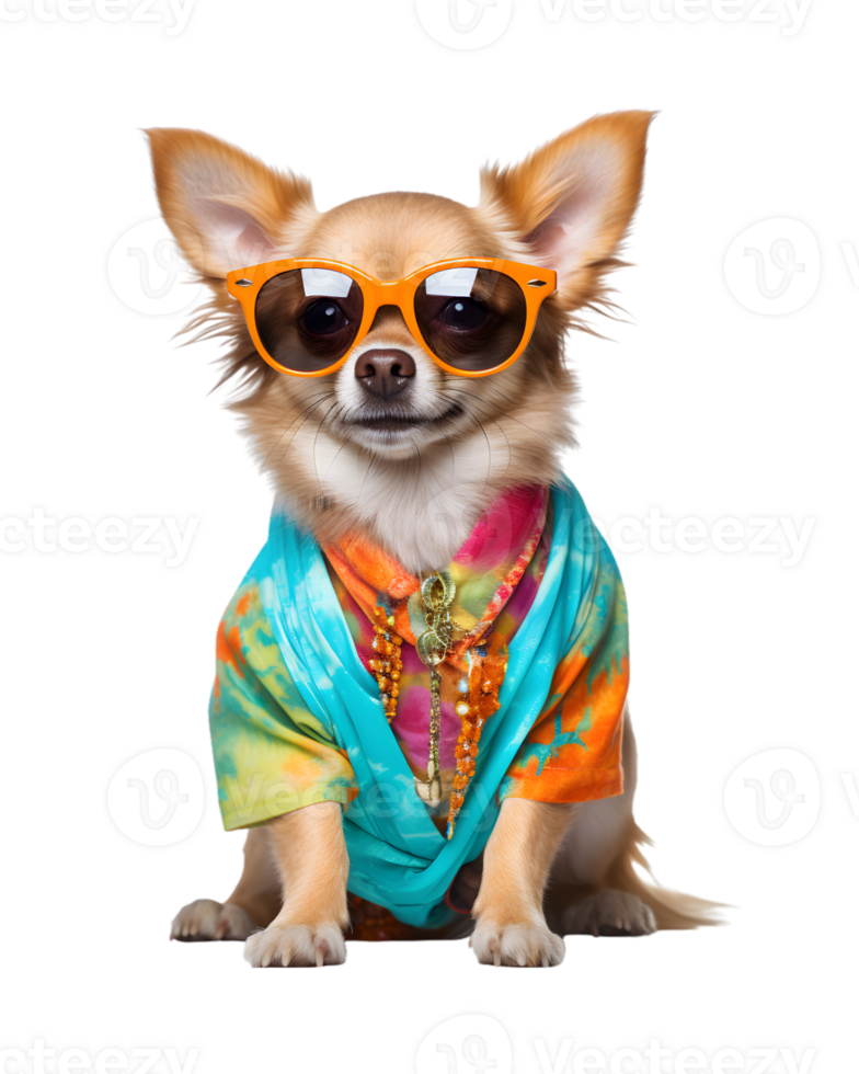 cute dog portrait posing like a model wearing a jacket and glasses isolated on a transparent background png