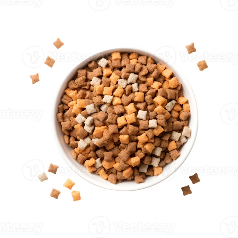 Dry dog food in a bowl, top view isolated on a transparent background png