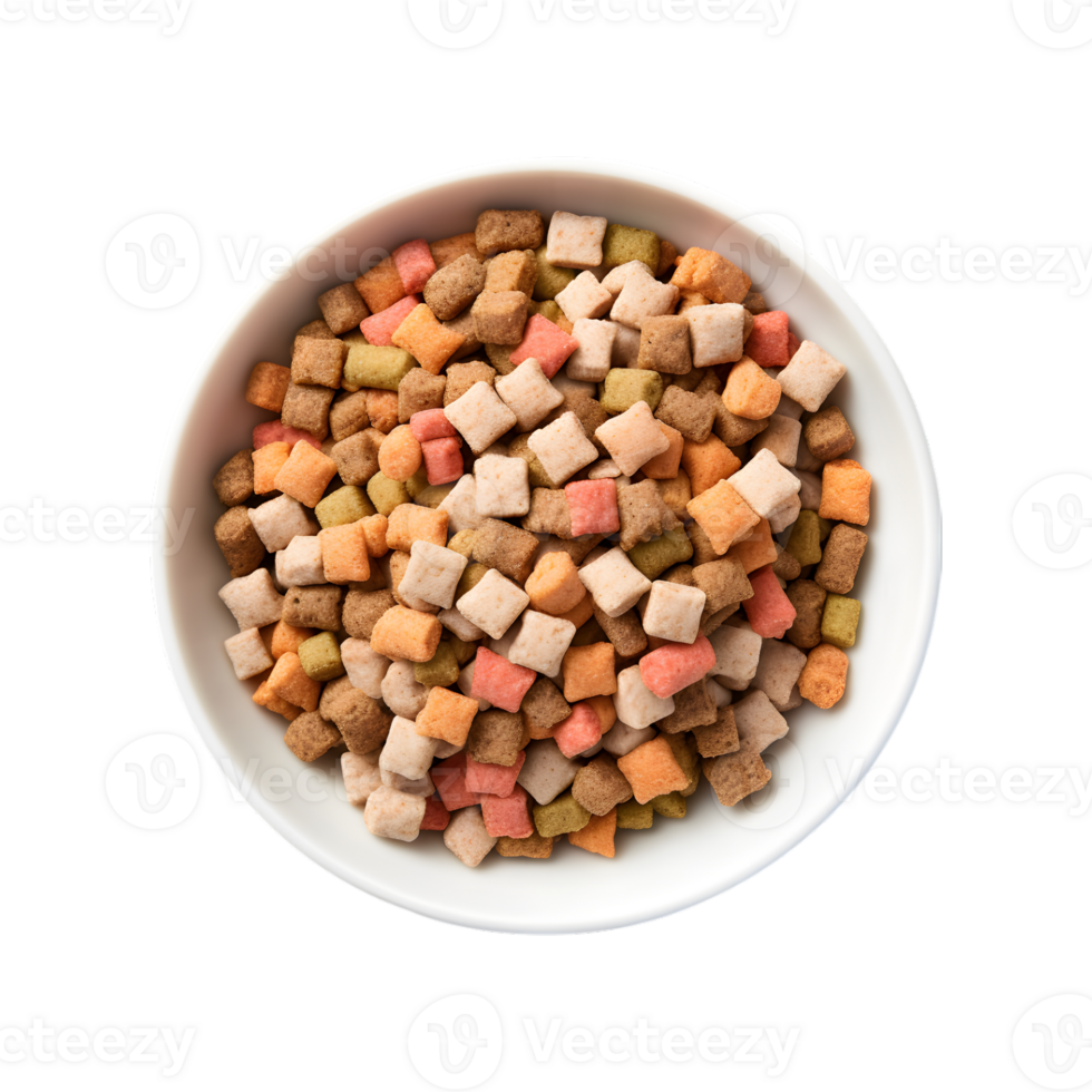 Dry dog food in a bowl, top view isolated on a transparent background png