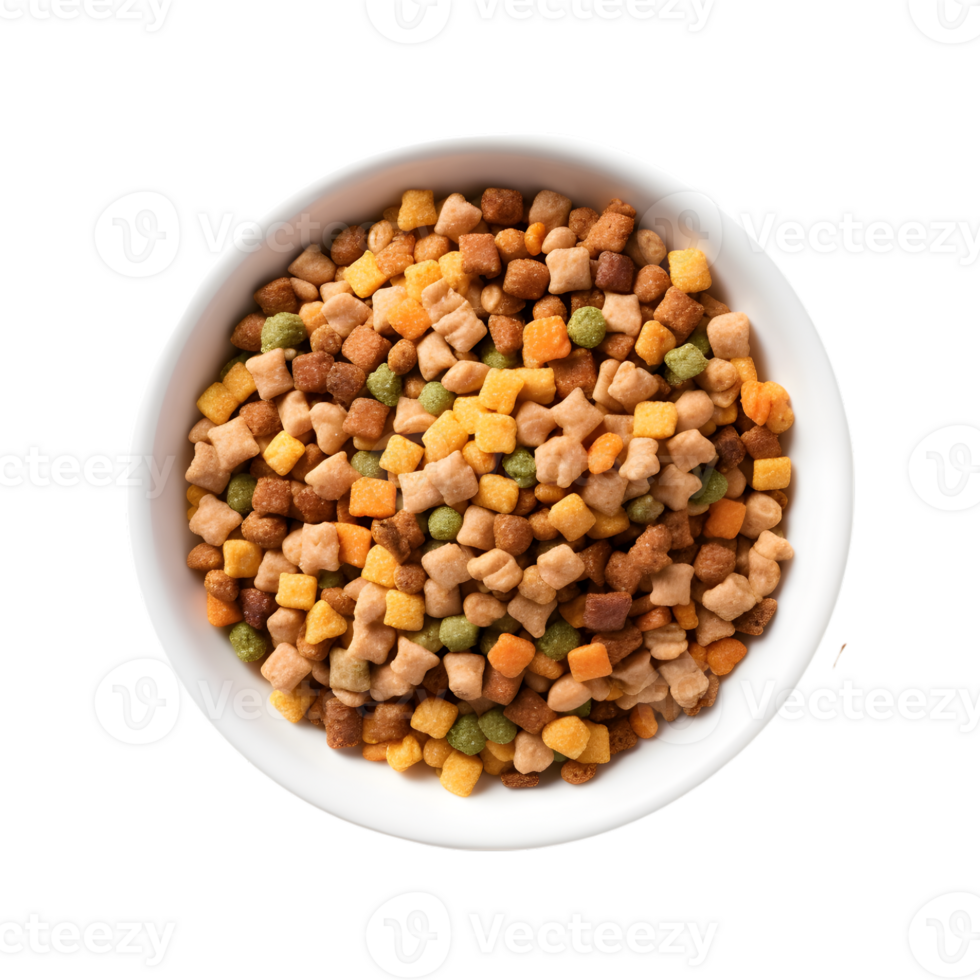 Dry dog food in a bowl, top view isolated on a transparent background png