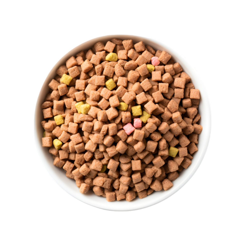 Dry dog food in a bowl, top view isolated on a transparent background png