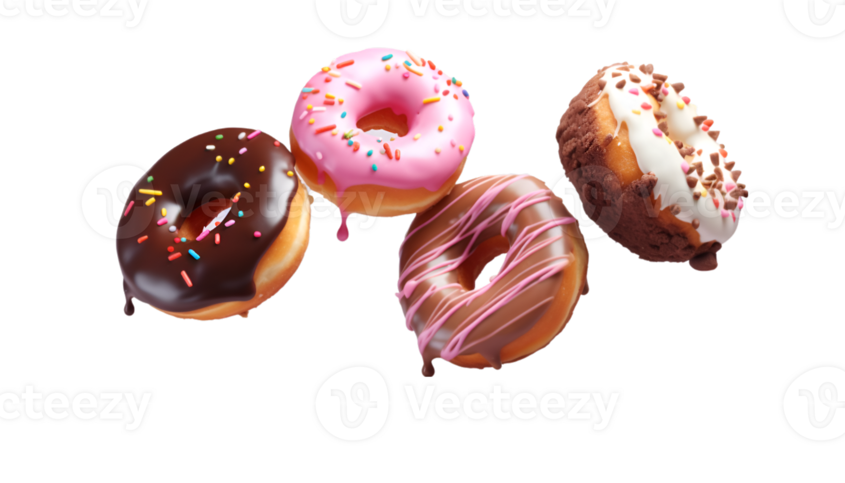 assorted donut flying isolated on a transparent background png