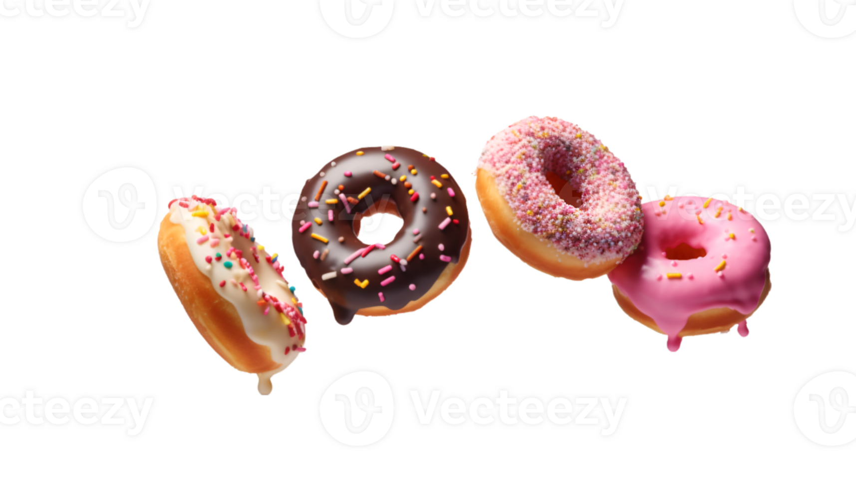 assorted donut flying isolated on a transparent background png