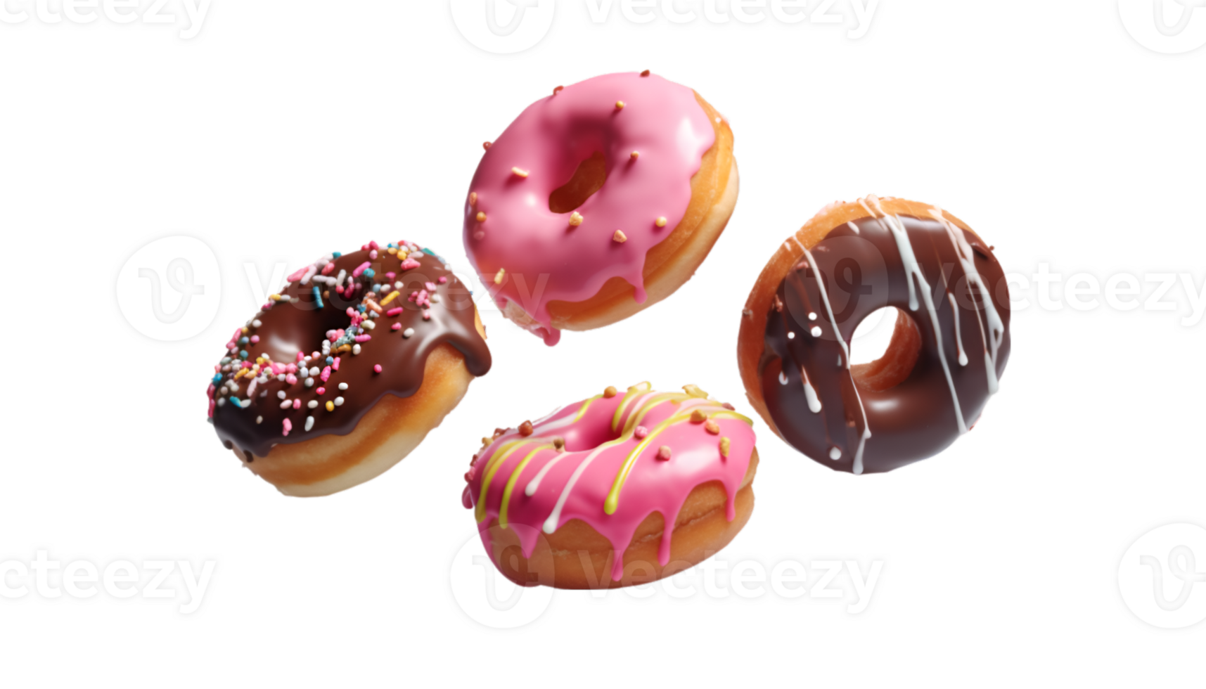 assorted donut flying isolated on a transparent background png