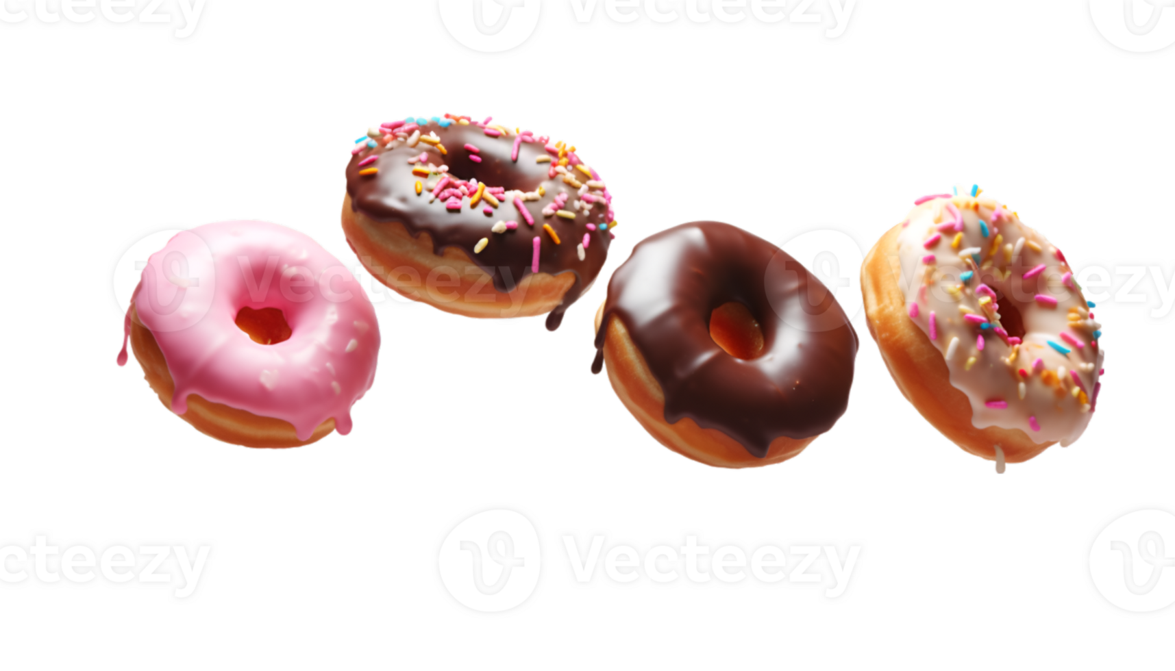 assorted donut flying isolated on a transparent background png