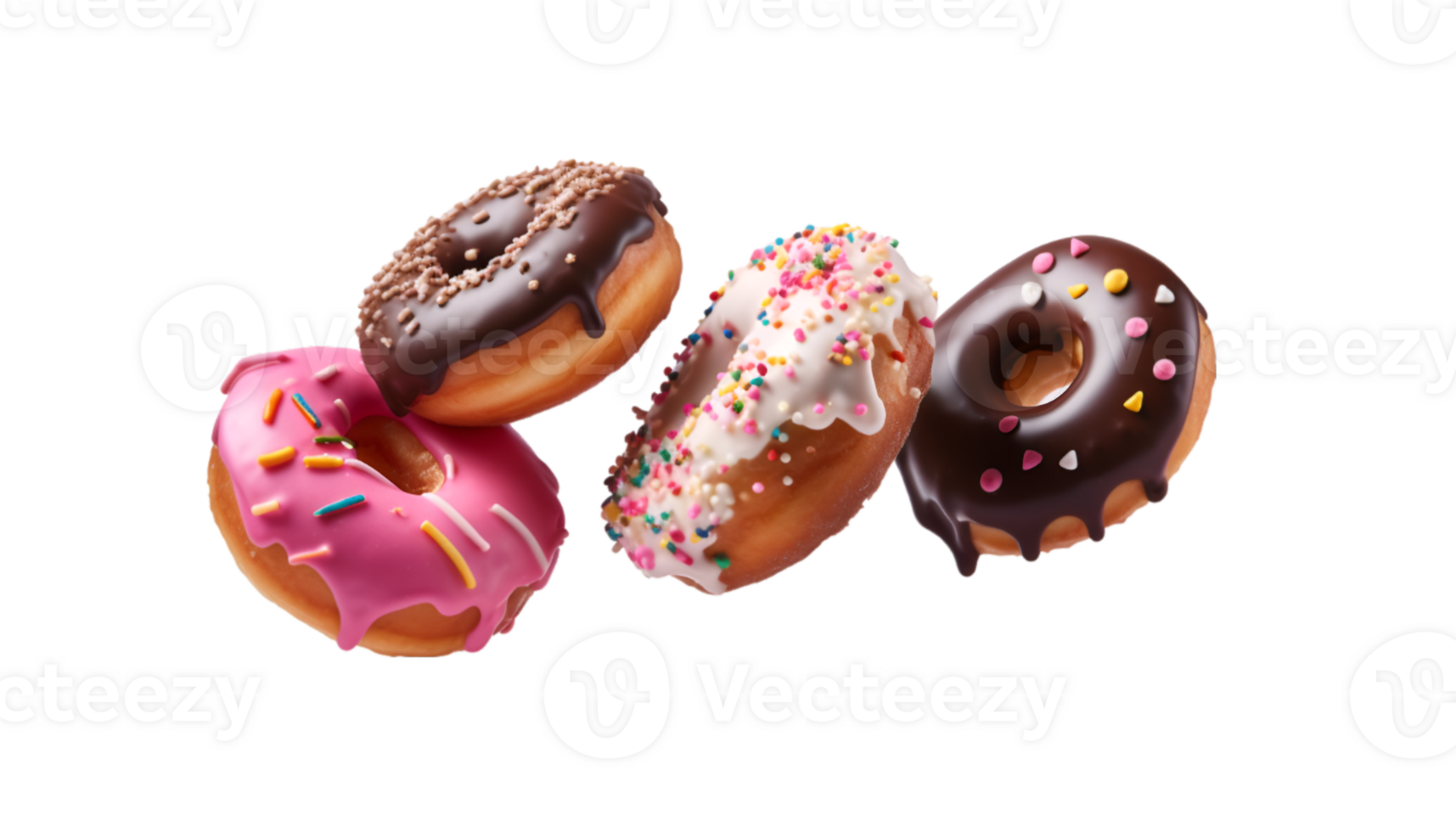 assorted donut flying isolated on a transparent background png