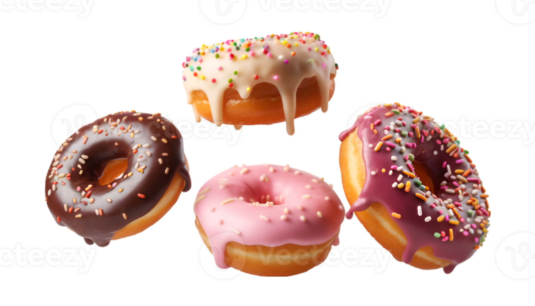 assorted donut flying isolated on a transparent background png