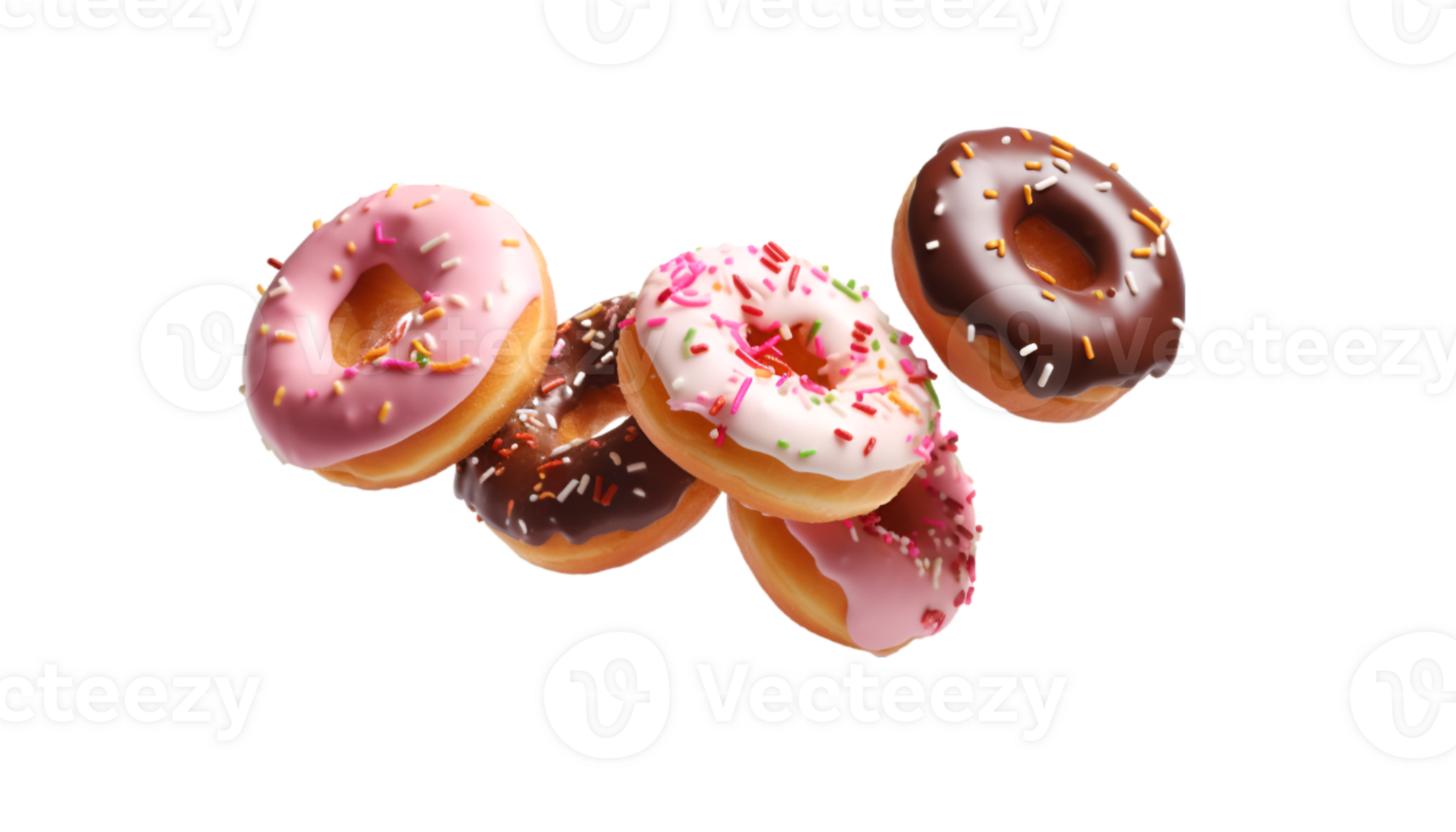 assorted donut flying isolated on a transparent background png