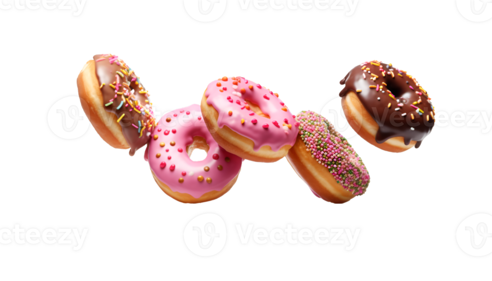 assorted donut flying isolated on a transparent background png