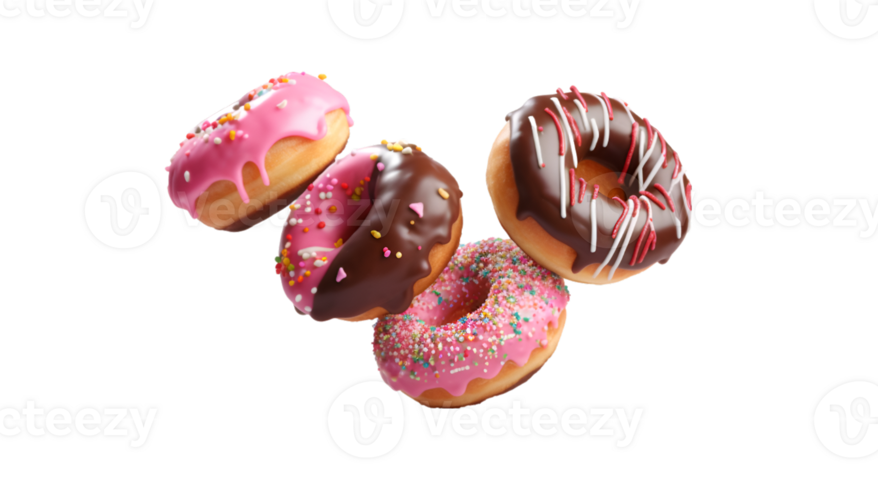 assorted donut flying isolated on a transparent background png
