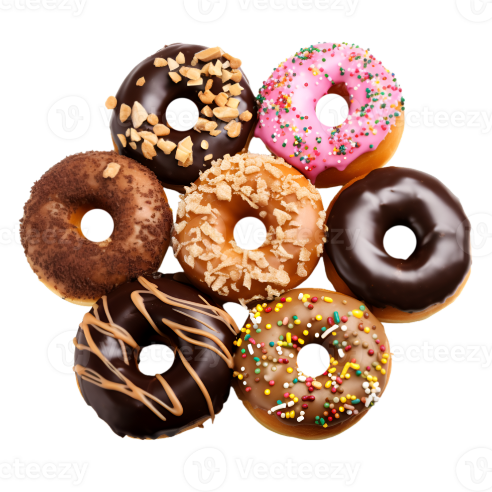 Photo of various assorted colorful donut isolated on a transparent background png