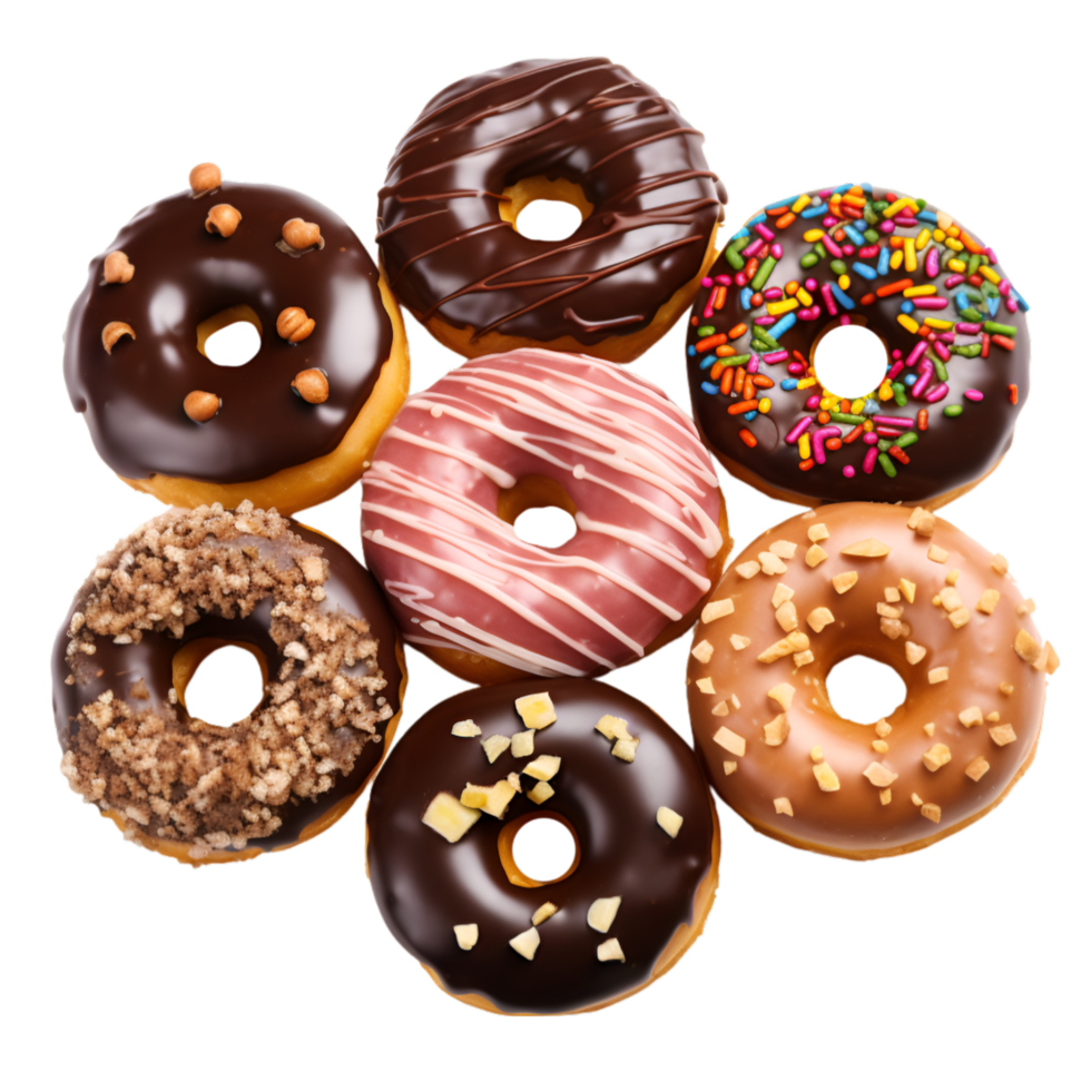 Photo of various assorted colorful donut isolated on a transparent background png