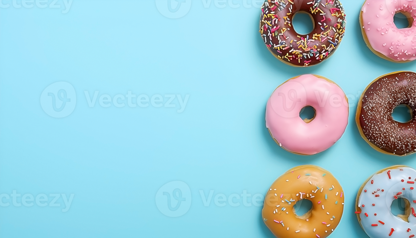 Some donut on the left, light blue background, with copy space, top view png