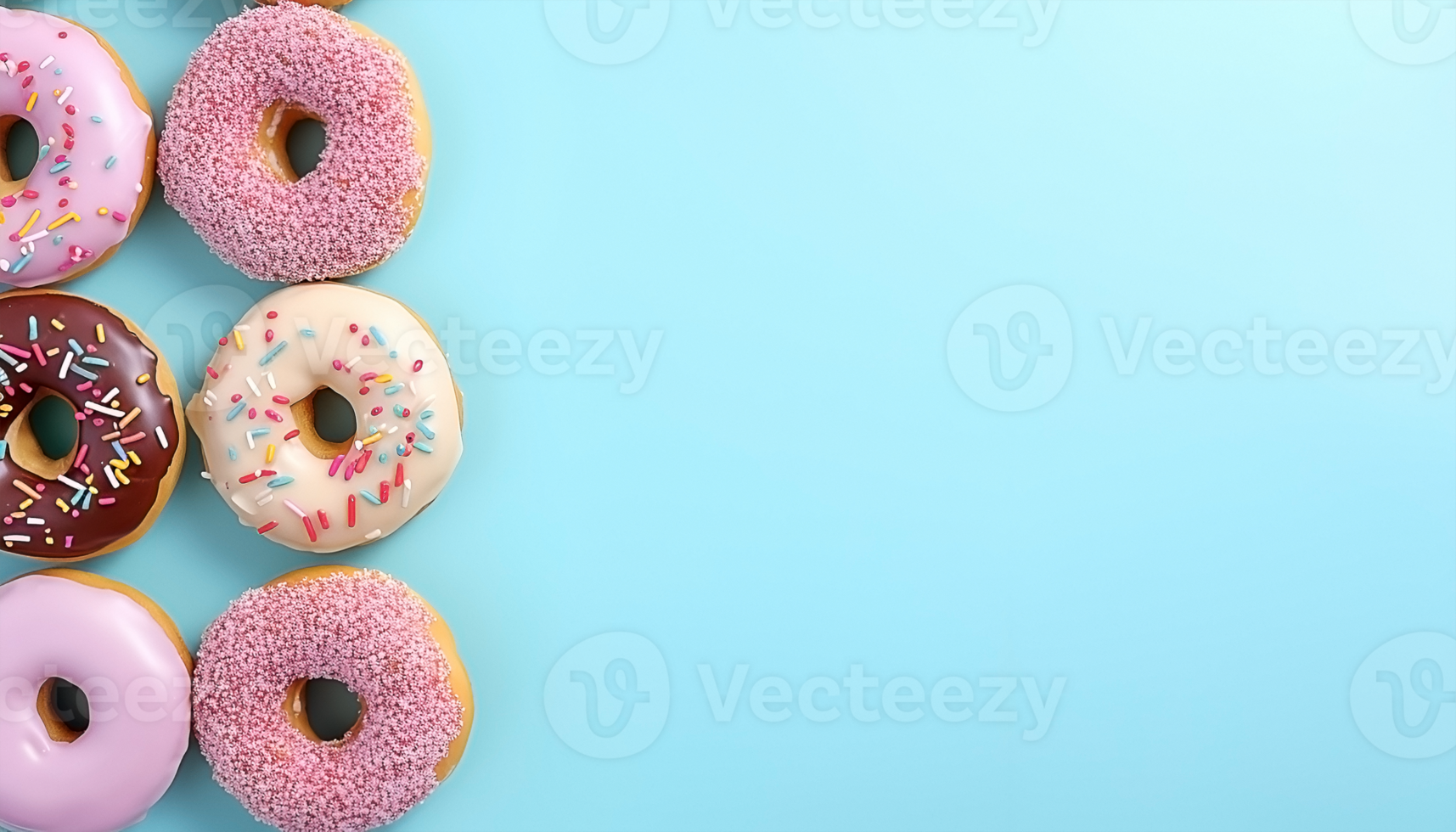 Some donut on the left, light blue background, with copy space, top view png