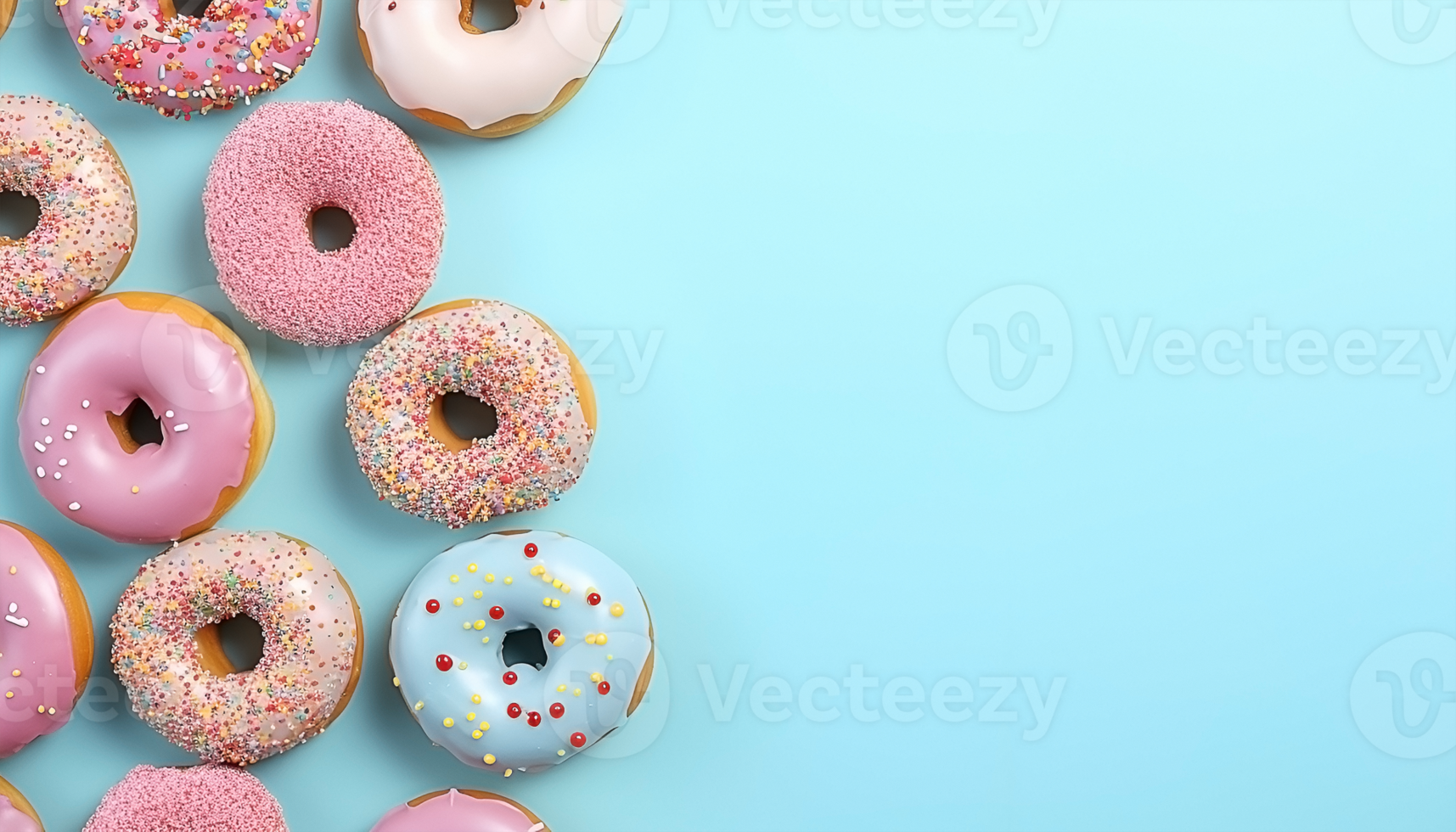 Some donut on the left, light blue background, with copy space, top view png