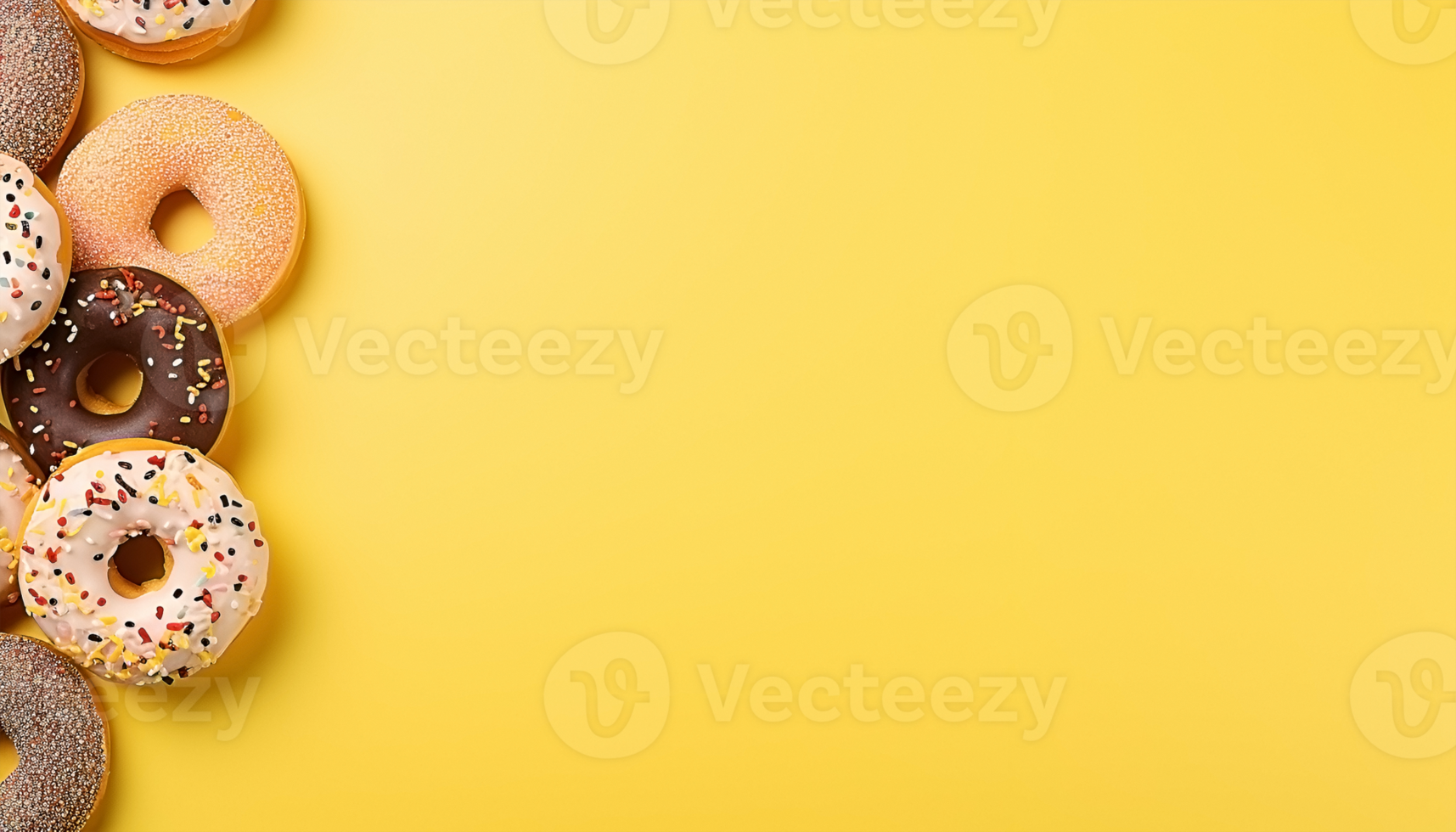 Some donut on the left, light yellow background, with copy space, top view png