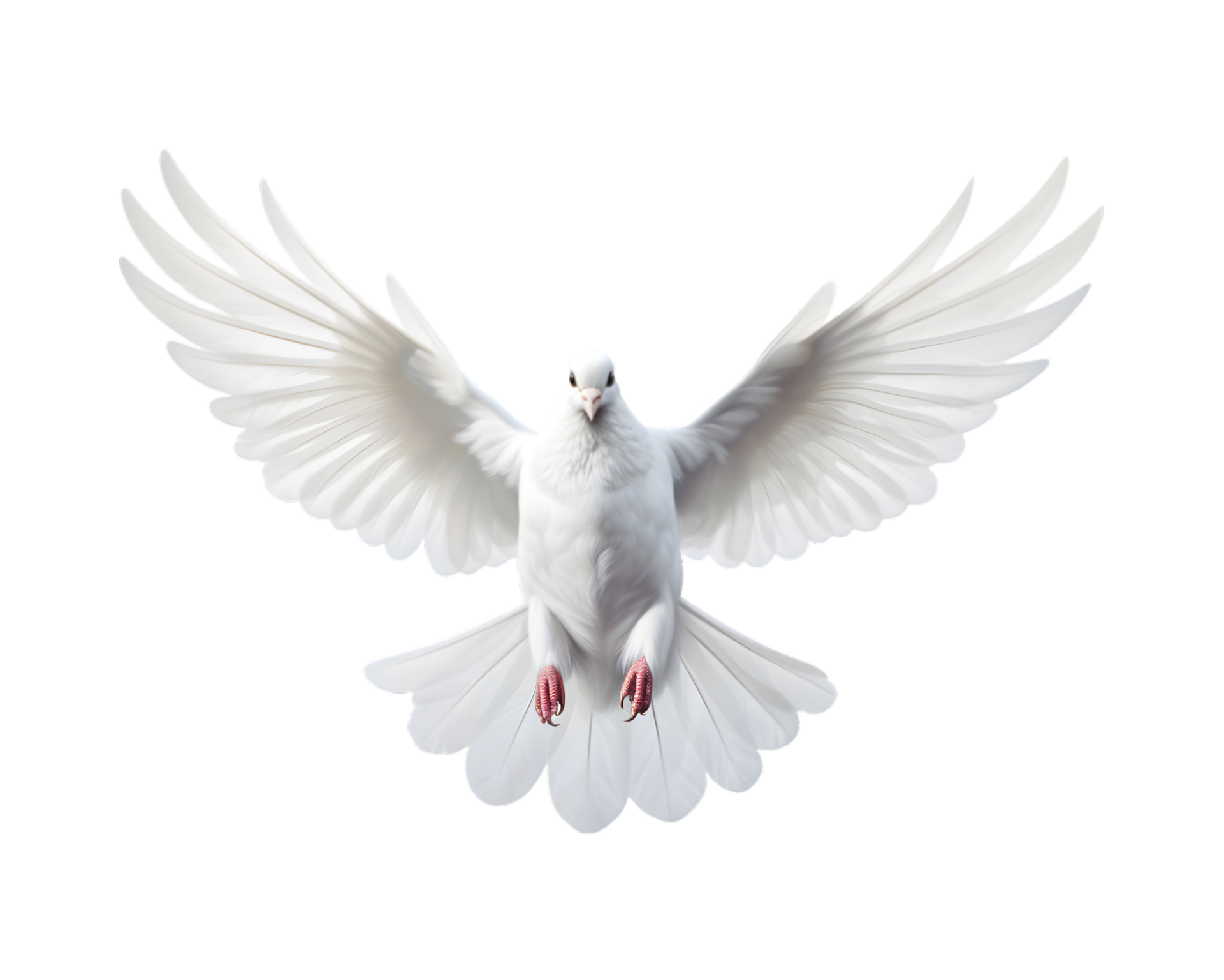 white dove flying free with open wings, front view isolated on a