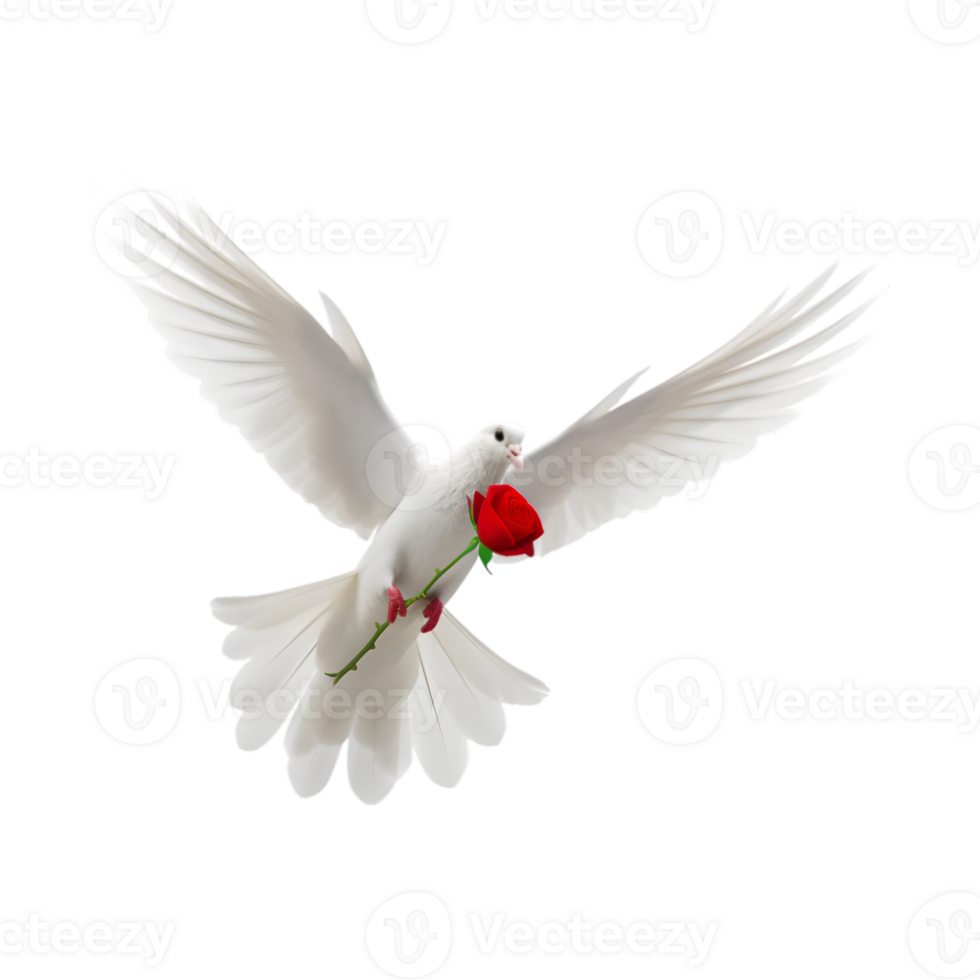 a white dove flies free carrying a rose isolated on a transparent background png