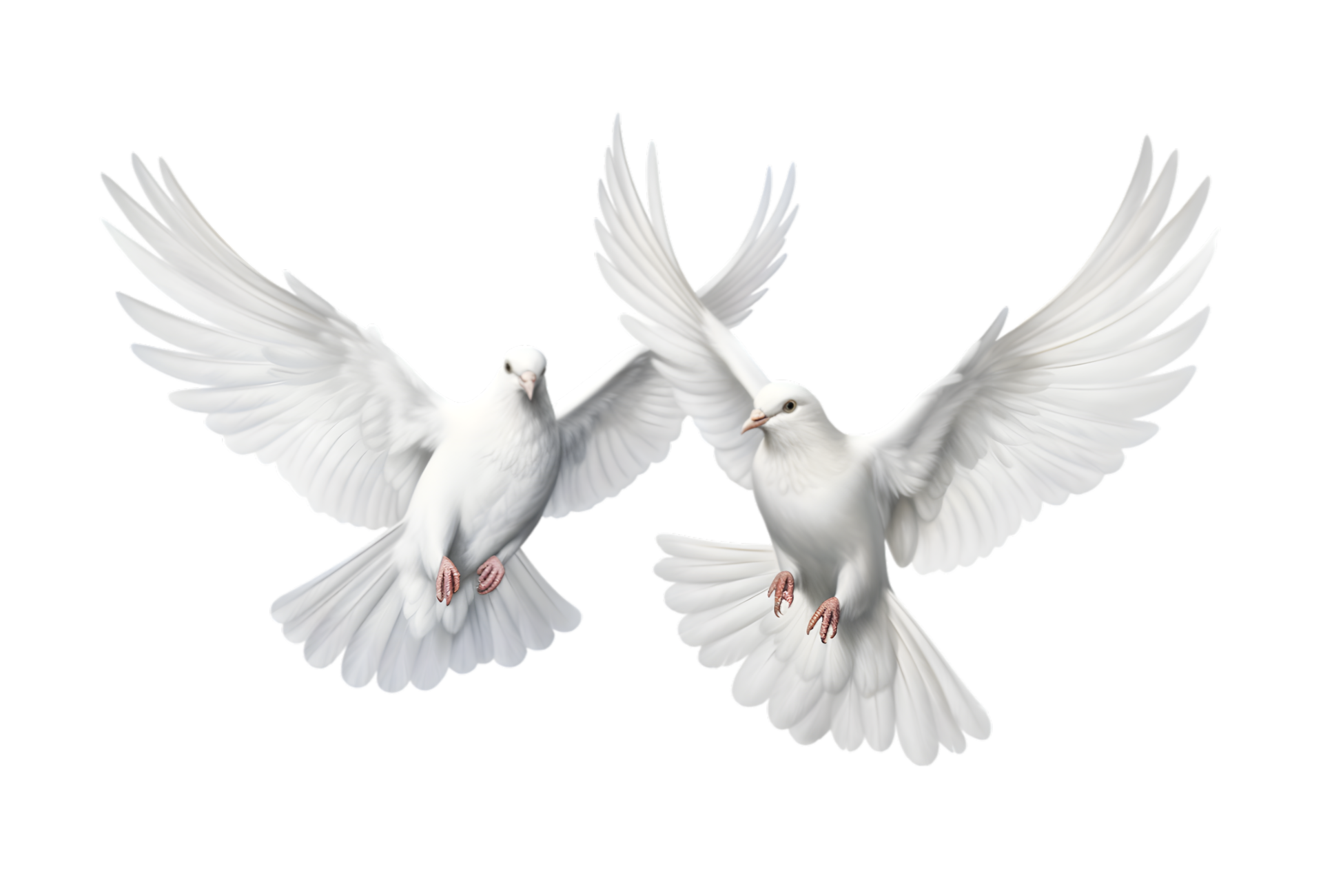 Two white doves are flying isolated on a transparent background