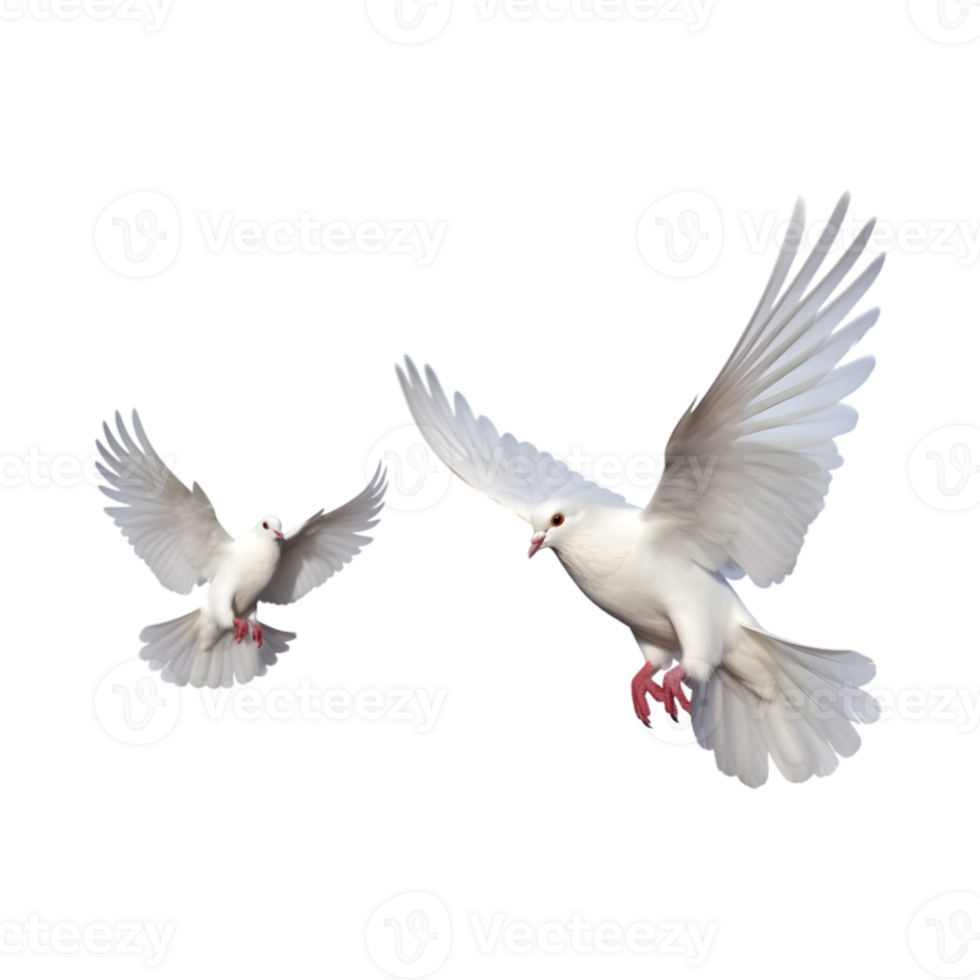 Two white doves are flying isolated on a transparent background png