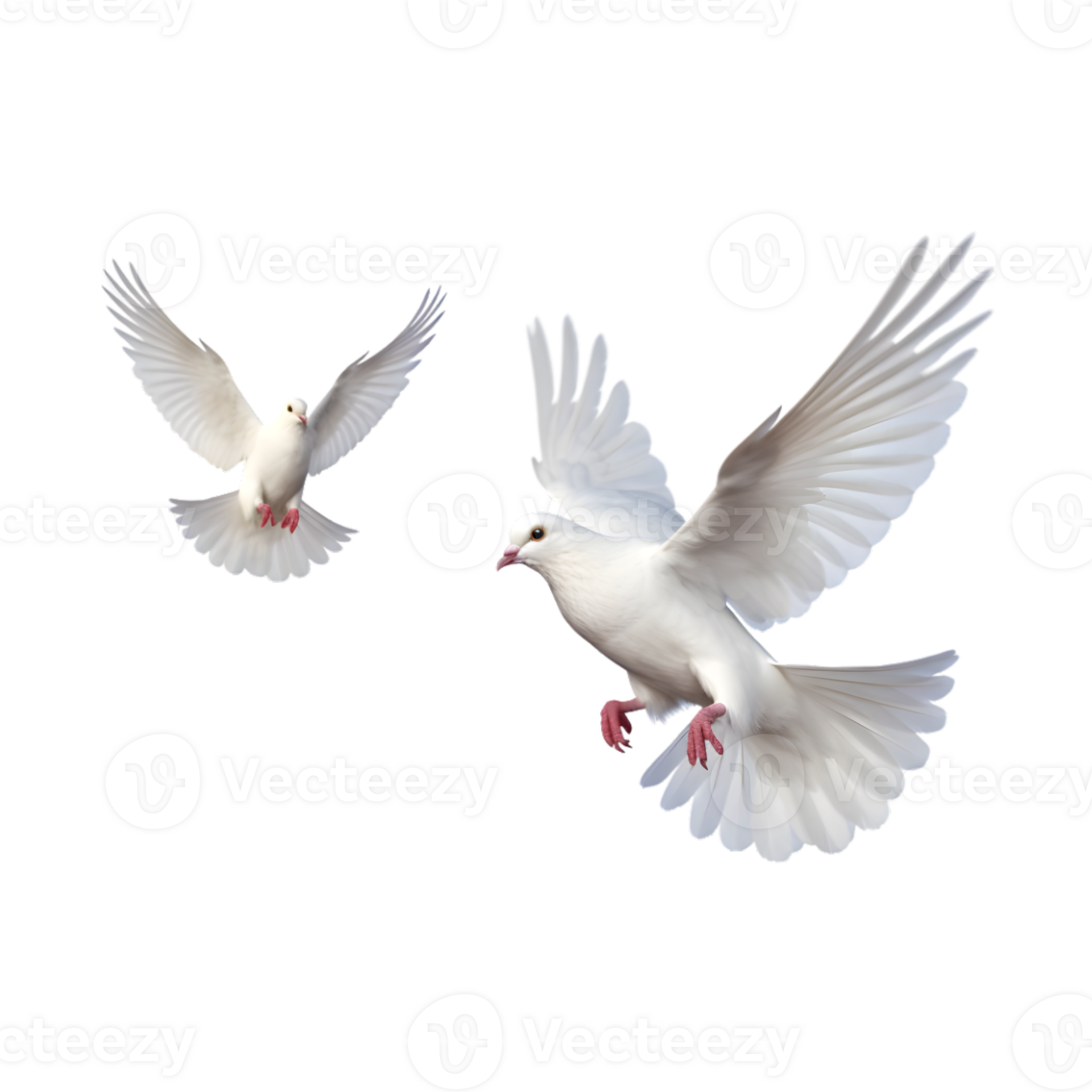 Two white doves are flying isolated on a transparent background