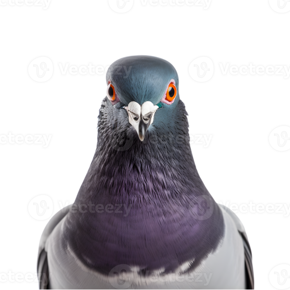 Close-up shot of a racing pigeon with beautiful colored plumage isolated on a transparent background png