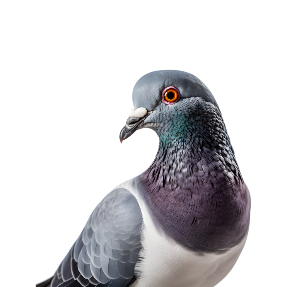 Close-up shot of a racing pigeon with beautiful colored plumage isolated on a transparent background png