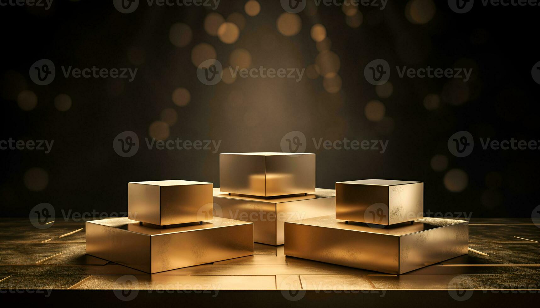 empty glowing golden podium for product presentation, podium for new product, promotion, and advertising photo