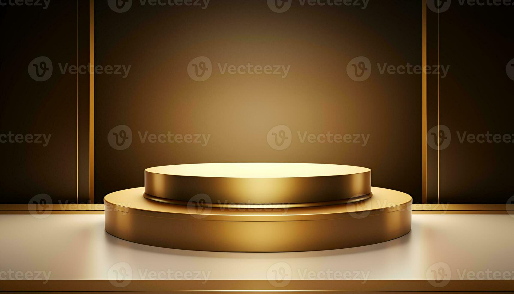 empty glowing golden podium for product presentation, podium for new product, promotion, and advertising photo