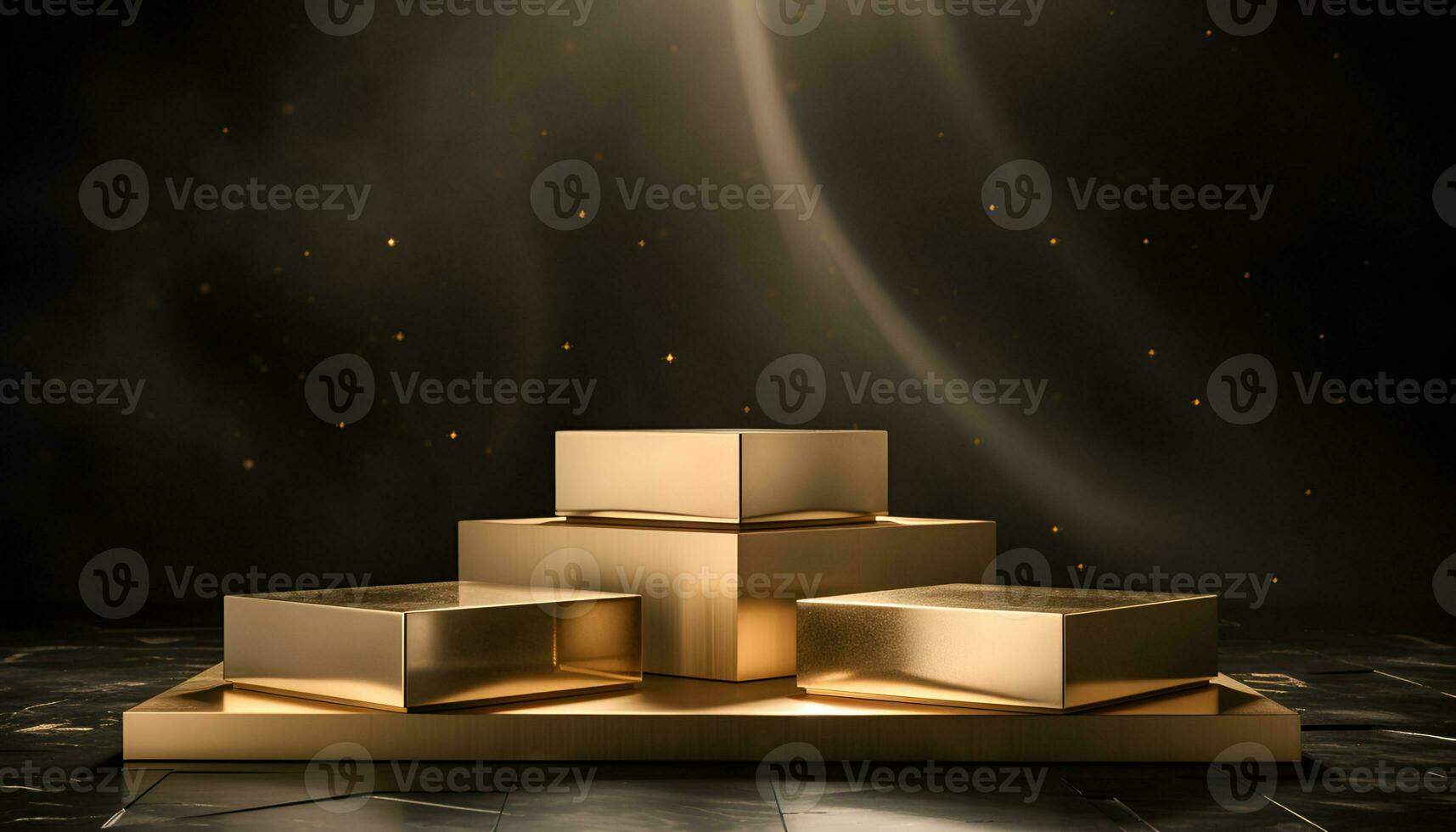 empty glowing golden podium for product presentation, podium for new product, promotion, and advertising photo