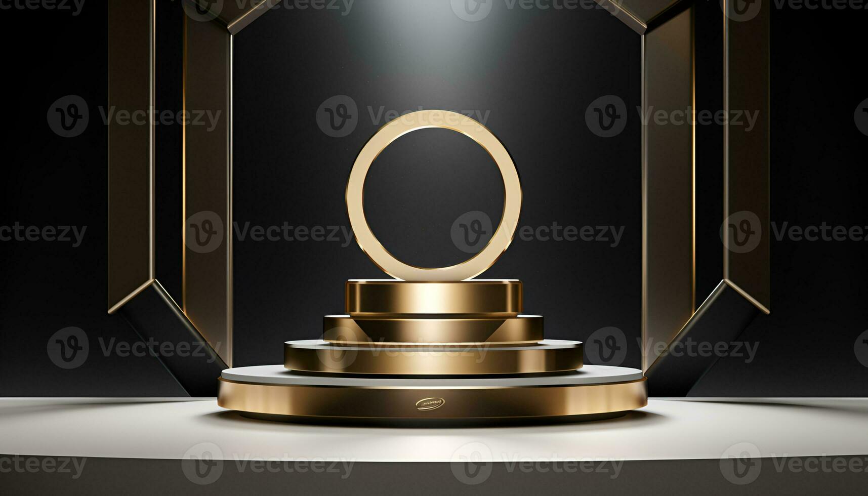 empty glowing golden podium for product presentation, podium for new product, promotion, and advertising photo