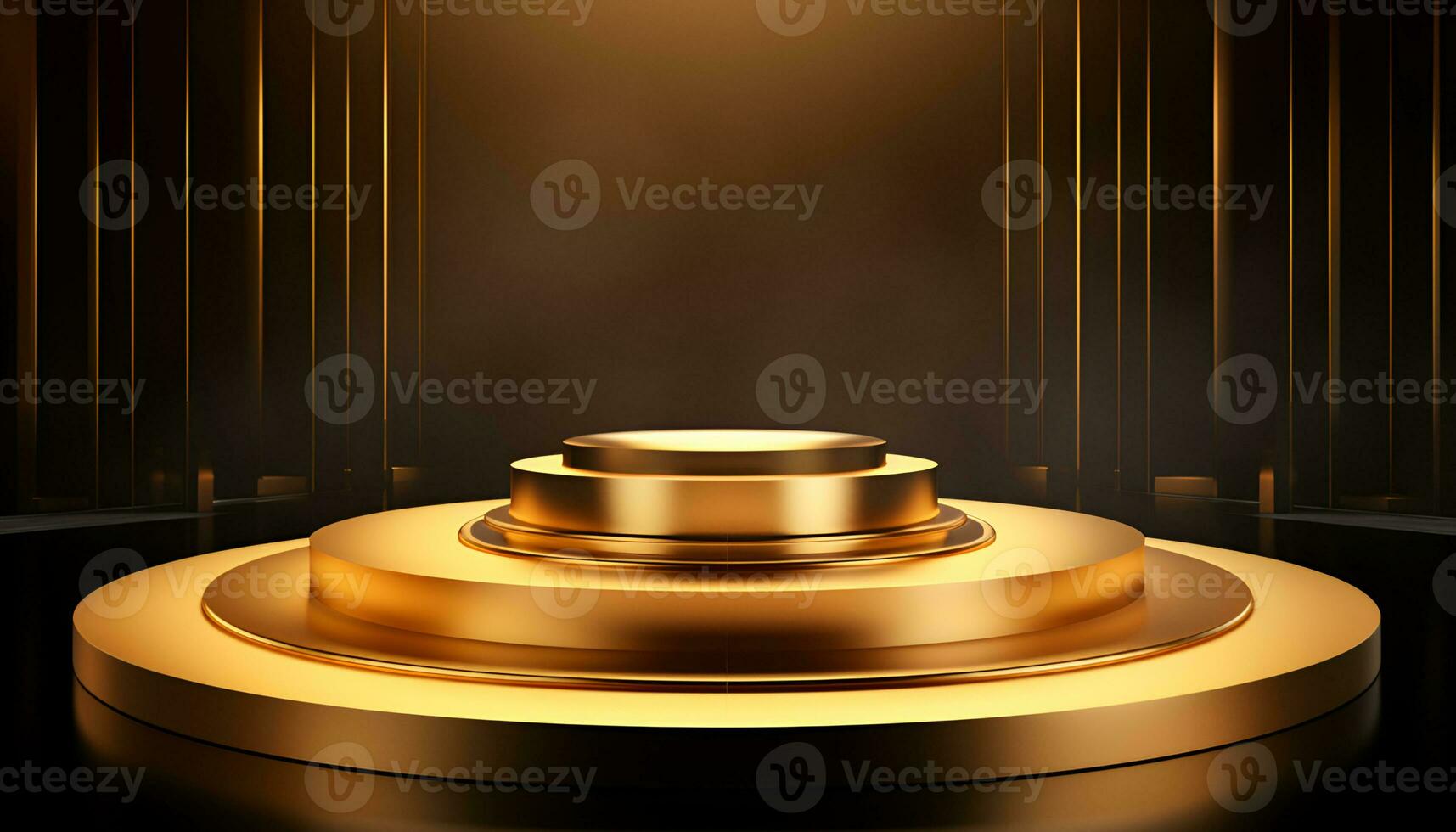 empty glowing golden podium for product presentation, podium for new product, promotion, and advertising photo