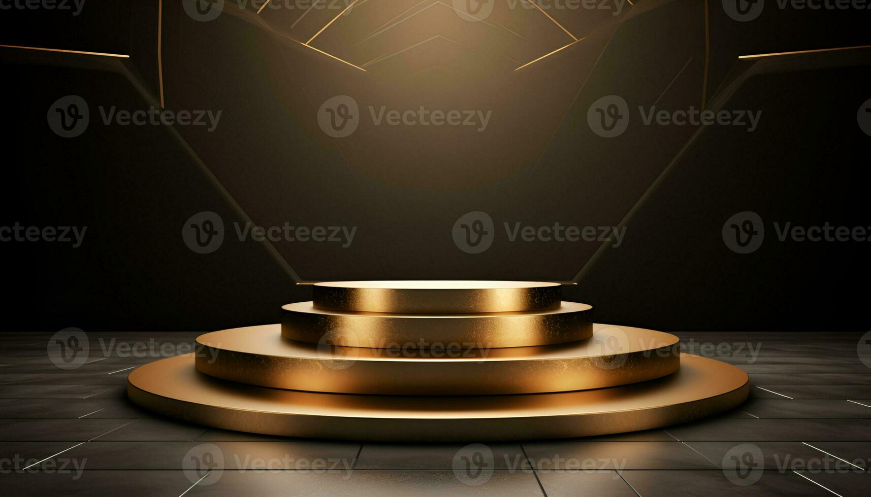 empty glowing golden podium for product presentation, podium for new product, promotion, and advertising photo