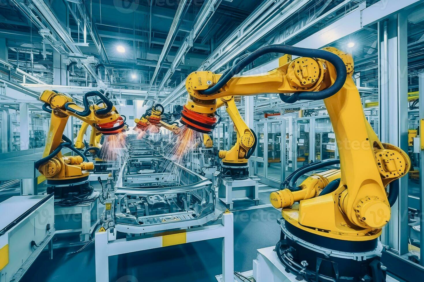 Industrial welding robotic arm in production line manufacturing plant, Automated robot arm assembly line manufacturing photo