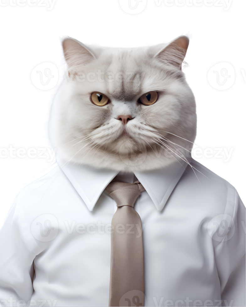 close-up photo of a fat cat wearing an office uniform shirt isolated on a transparent background png