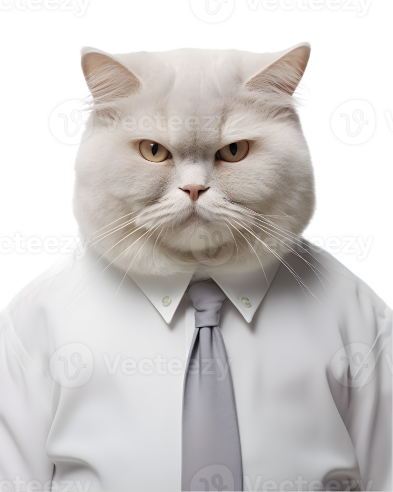 close-up photo of a fat cat wearing an office uniform shirt isolated on a transparent background png